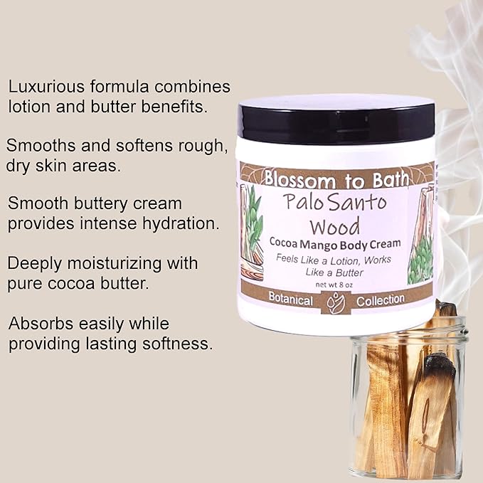Blossom to Bath Palo Santo Wood Cocoa Mango Body Cream (8 Ounce) - Natural Fragrance - Feels Like A Lotion And Works Like A Butter with a Spa Inspired Herbal Scent