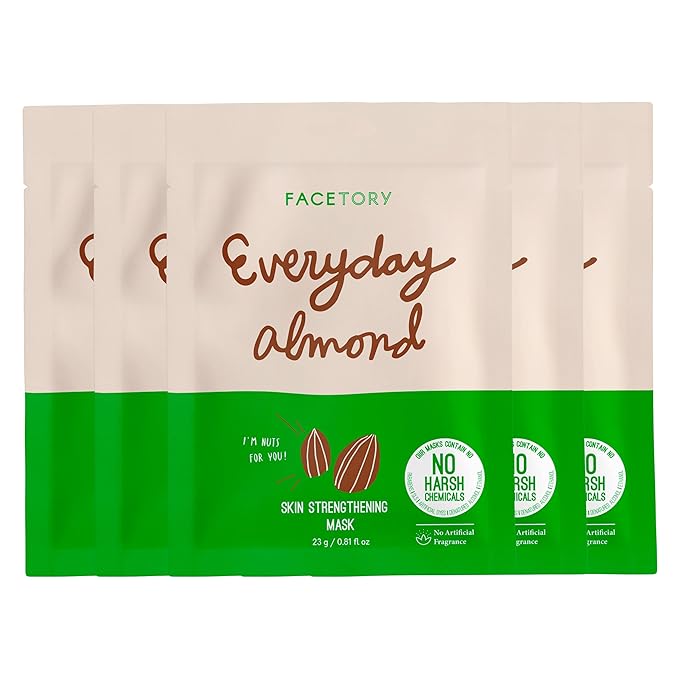 FACETORY K Beauty Face Mask Skin Care - Everyday ALMOND Skin Strengthening Sheet Mask | Plant-Based with Sweet Almond Oil (5 Pack)