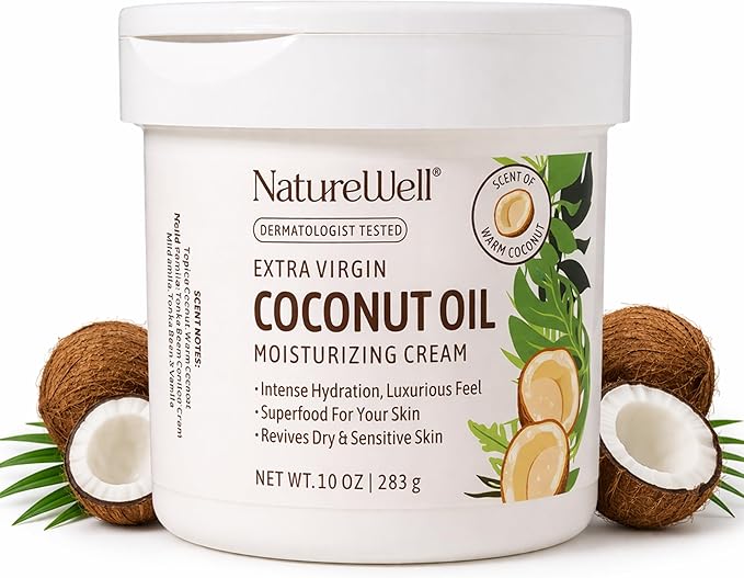 NATURE WELL Coconut Oil Moisturizing Cream for Dry Skin – Deep Hydration Lotion for Face, Body & Hands, Spa Quality Skincare, Softens & Smooths, Non-Greasy, Fast Absorbing, Vitamins A C E (10 Oz)