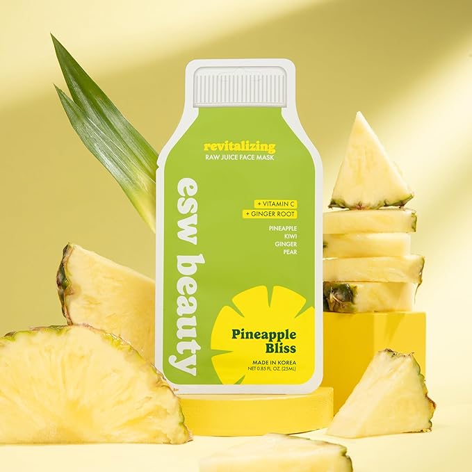 ESW Beauty Pineapple Bliss - Revitalizing Raw Juice Face Mask (6-Pack) - Brightening with Pineapple, Kiwi, Ginger & Pear for Dull, Uneven Skin - Enhances Radiance & Smoothness