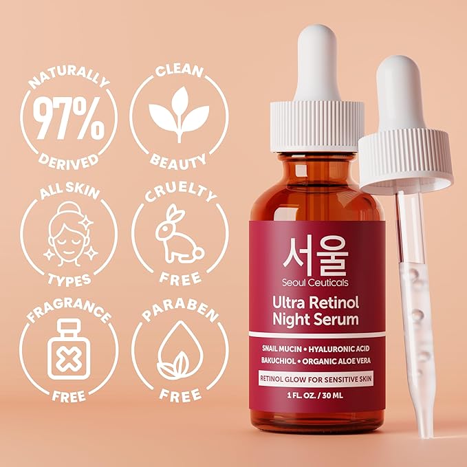 SeoulCeuticals 1% Korean Retinol Night Serum for Face - 97.5% Snail Mucin + Hyaluronic Acid + Bakuchiol, Cruelty Free K Beauty for Sensitive Skin 1oz (Pack of 2)