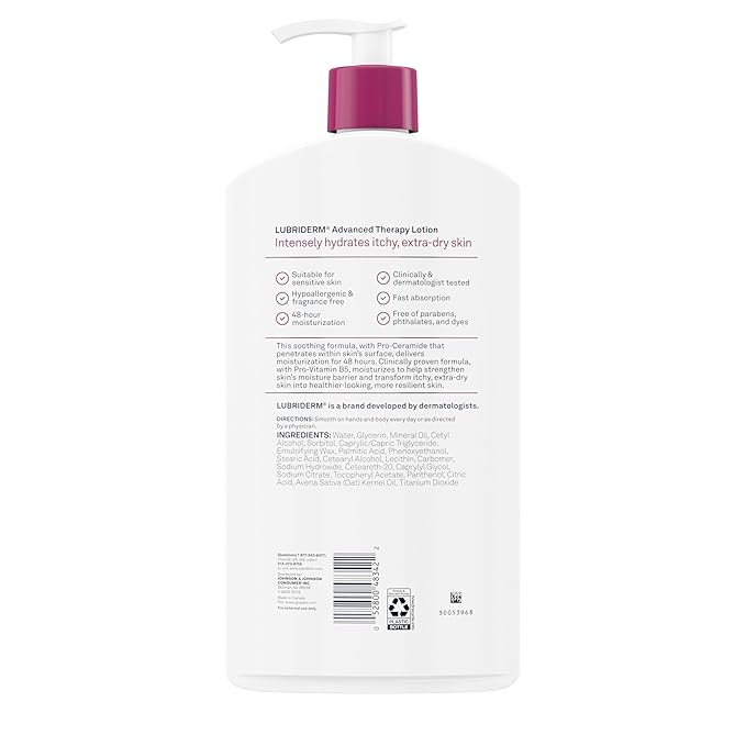 Lubriderm Advanced Therapy Fragrance-Free Moisturizing Hand & Body Lotion + Pro-Ceramide, Intense Hydration for Itchy, Extra Dry, & Sensitive Skin, Non-Greasy, Hypoallergenic, 32 fl. oz