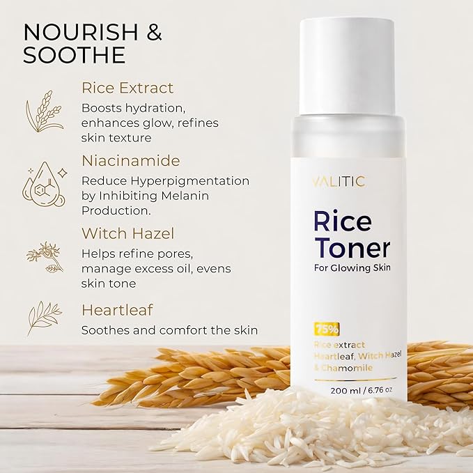 VALITIC Rice Toner - 75 Rice Extract Milky Toner for Face with Niacinamide, Heartleaf, Witch Hazel and Chamomile Essence - Facial Glass Skin Hydrating Skin Care - 200 ml, 6.76 fl oz