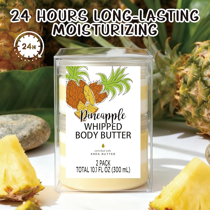 Pineapple Whipped Body Butter, Shea Body Butter for Women Dry Skin, Natural Pineapple Lotion for Body Moisturizer-Deep Moisturizing and Softening-3.4 floz+6.8 floz(100ml+200ml)
