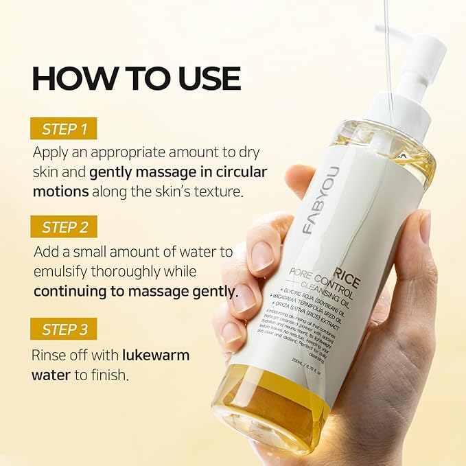 FABYOU Rice Pore Control Cleansing Oil 6.76 fl oz - Korean Skin Care for Deep Pore Cleansing, Moisturizing & Nourishing, Hypoallergenic, Plant-Based Oils, for Clear and Smooth Skin