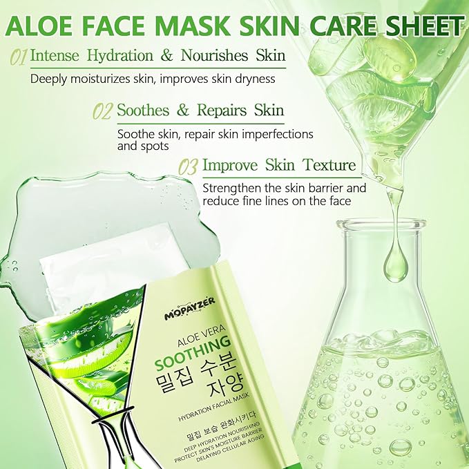 12Pcs Aloe Vera Face Masks Skincare Set for Moisturizing, Face Mask Skin Care Sheet for Dry & Sensitive Skin, Bulk Aloe Face Masks with Effective Extract, Premium Facial Skincare for Hydrating