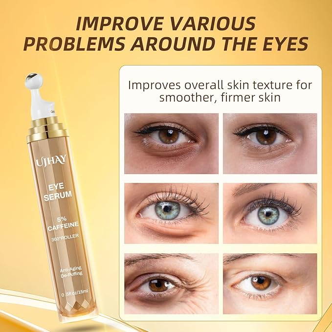 UJHAY 5% Caffeine Eye Cream, Under Eye Serum for Dark Circles, Puffiness & Wrinkles Fine Lines, Eye Roller Serum with 360° Massage Ball, Eye Treatment Balm for Men & Women