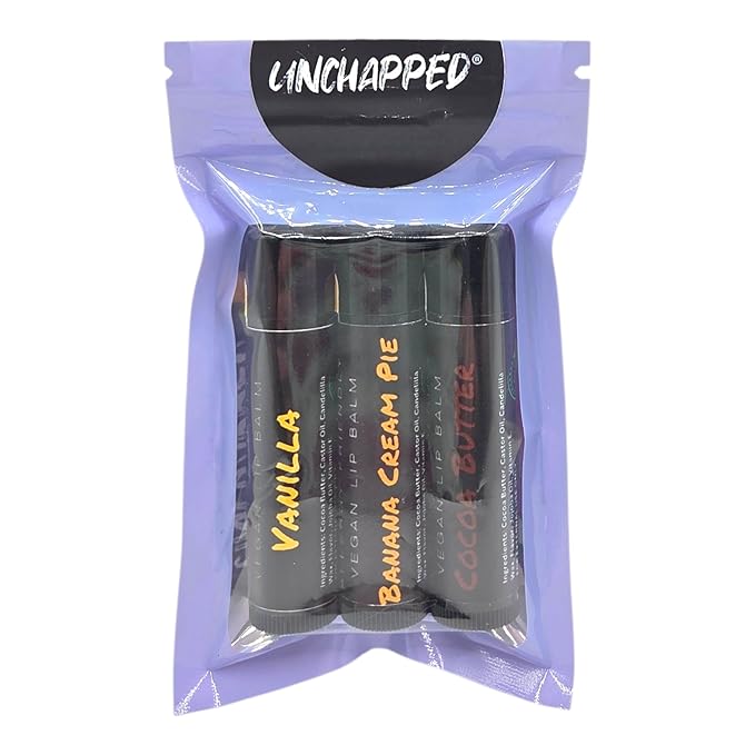 Vegan Lip Balm 3 Pack - All Natural and Free of Beeswax, Soy, Nut, and Top 9 Food Allergens (Cocoa Butter, Vanilla, Banana)