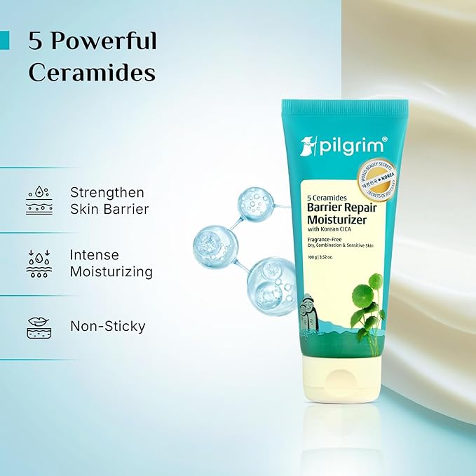 Pilgrim Cica Moisturizer for Face with 5 Ceramides & Hyaluronic Acid | Hydrating, Fragrance-Free Cream for Dry, Sensitive & Combination Skin | Repairs Skin Barrier | 3.53 Oz (100g)