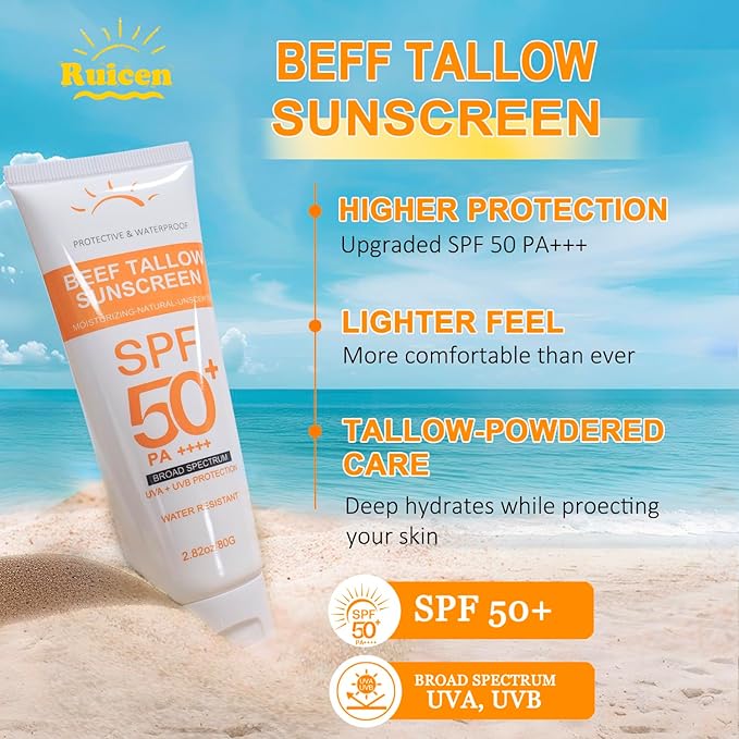 Beef Tallow Sunscreen with Zinc Oxide: Mineral Sunscreen SPF 50, Organic Natural Sun screen-Non Greasy Formula, No White Cast, Beef Tallow Sunblock for Sensitive Skin- Water-Resistant-2.82 oz (80g)