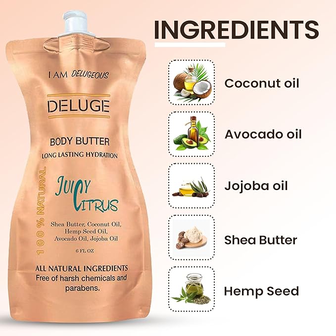 DELUGE juicy citrus Body Butter for Women & Men – 100% Organic Body Butter for Dry Skin - USA Made Natural Body Butter with Long Lasting Hydration & Non-Greasy Finish (6 FL OZ)