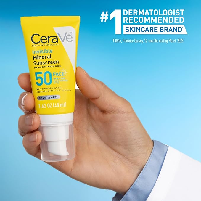 CeraVe Invisible Mineral Sunscreen SPF 50, Face Sunscreen for Sensitive Skin With Zinc Oxide & Titanium Dioxide, Vitamin E + Niacinamide + Ceramides, Oil Free, Travel Size 1.62 oz