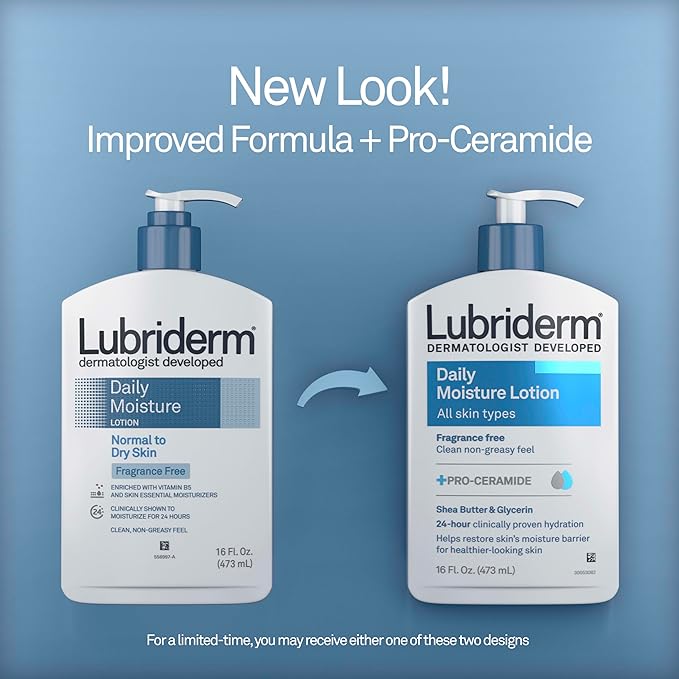 Lubriderm Fragrance Free Daily Moisture Lotion + Pro-Ceramide, Shea Butter & Glycerin, Face, Hand & Body Lotion for Sensitive Skin, Hydrating Lotion for Healthier-Looking Skin, 16 fl. oz (Pack of 2)