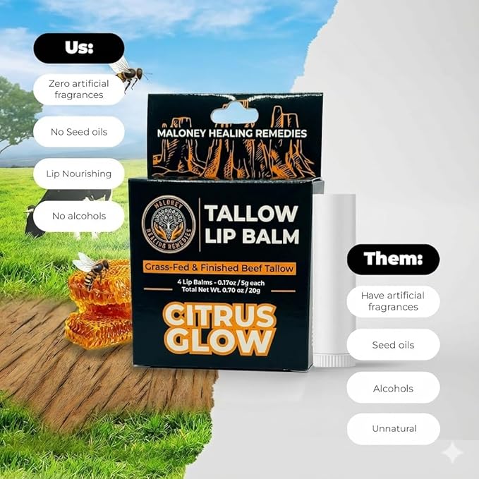 Tallow Lip Balm | 100% Grass-Fed Beef Tallow, Organic Coconut Oil & Beeswax | Natural Lip Care for Dry, Chapped Lips & Dry Lips | No Seed Oils | Citrus Glow | Handcrafted in USA | 4-Pack