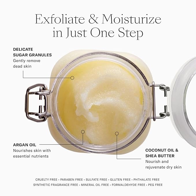 Josie Maran Sugar Body Scrub - Argan Oil Exfoliating Sugar Scrub with Coconut Oil & Shea Butter - Softens, Smooths & Hydrates Dry Skin - Vegan & Cruelty Free - Sweet Clementine (10 oz)