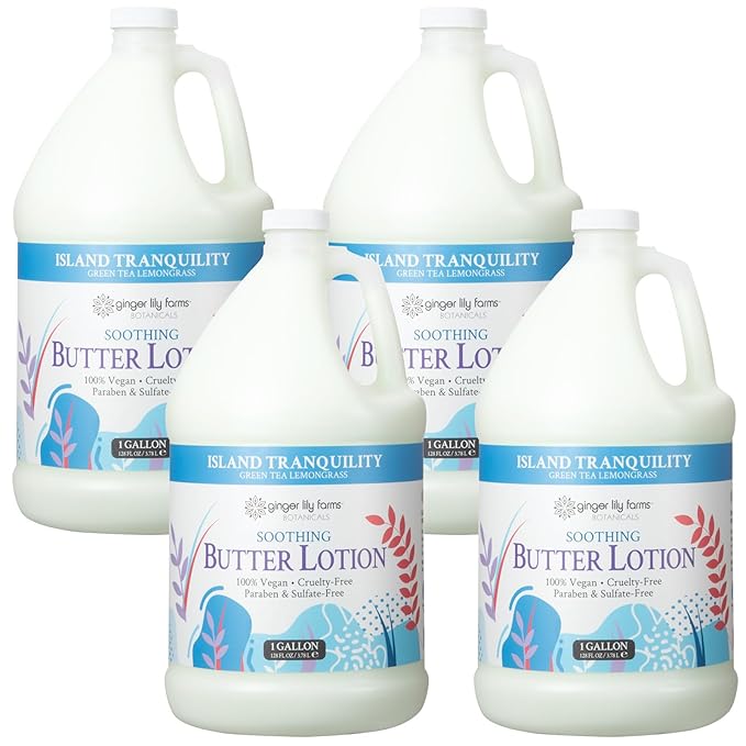 Ginger Lily Farms Botanicals Soothing Butter Lotion for Dry Skin, Island Tranquility, 100% Vegan & Cruelty-Free, Green Tea Lemongrass Scent, 1 Gallon (Pack of 4)