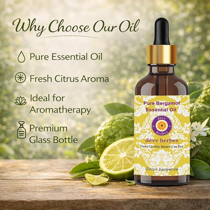 Deve Herbes Pure Bergamot Essential Oil (Citrus bergamia) with Glass Dropper Natural Therapeutic Grade Steam Distilled 50ml (1.69 oz)