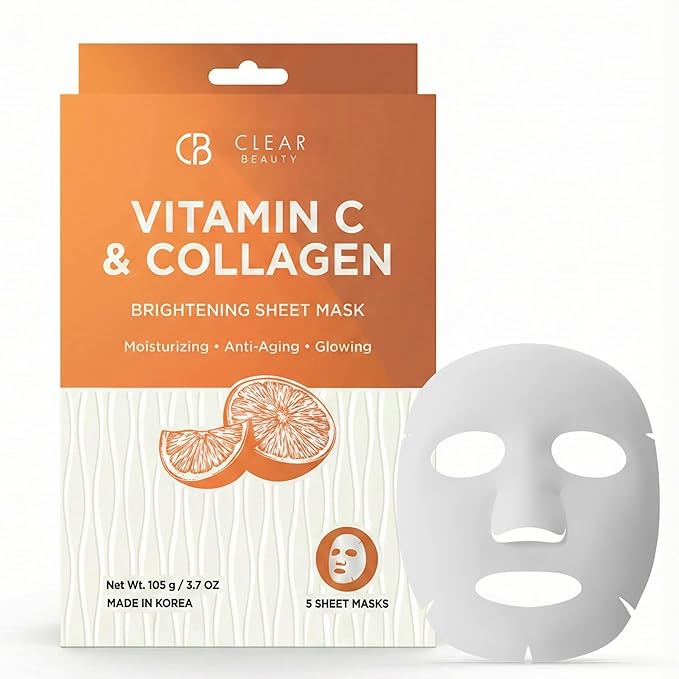 Clear Beauty Vitamin C & Collagen Face Mask – Hydrating & Firming Sheet Masks For Dry, Dull, Aging Skin – Dermatologist Tested, Anti-Aging, Korean Skin Care – Cruelty-Free Clean Beauty – 5 Count