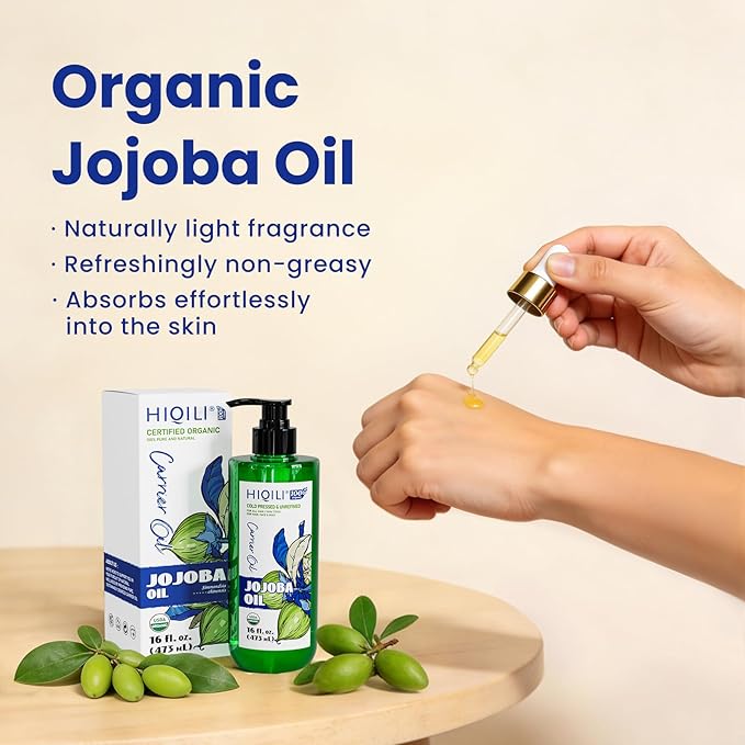 HIQILI 473ML Jojoba Oil Organic for Hair Growth, Skin, Face, Nails, 100% Pure Cold Pressed, Carrier Oil for Essential Oils Mixing, Included Roller Bottle - 16 Fl Oz