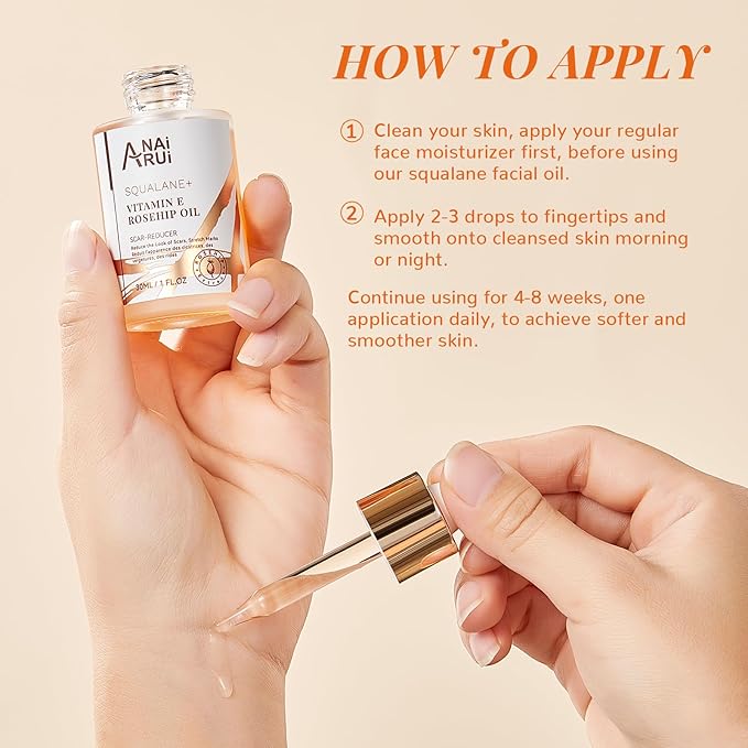 ANAI RUI Squalane + Vitamin E Rosehip Oil Moisturizer for Face,Hair,Skin& Nail Hydrate, Reduce Scars and Stretch Marks, Wrinkles for Smoother, Softer Skin 1 fl. Oz