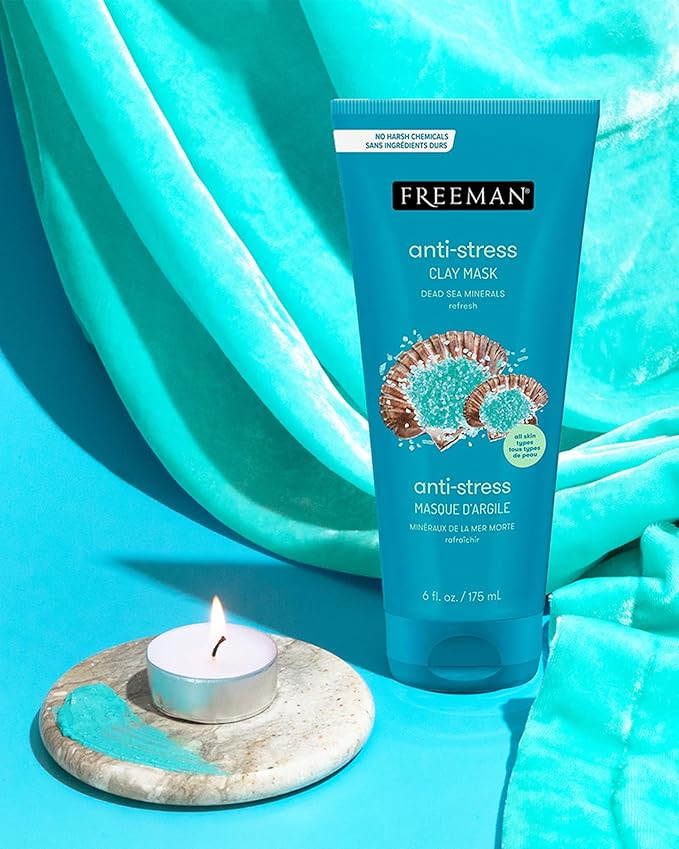 FREEMAN Dead Sea Minerals Anti-Stress Clay Facial Mask, Hydrating & Clarifying, Clears Pores, Face Mask With Lavender & Bergamot For Radiant Skin, Skin Types, 6 fl. oz./175 mL Tube (Pack of 2)