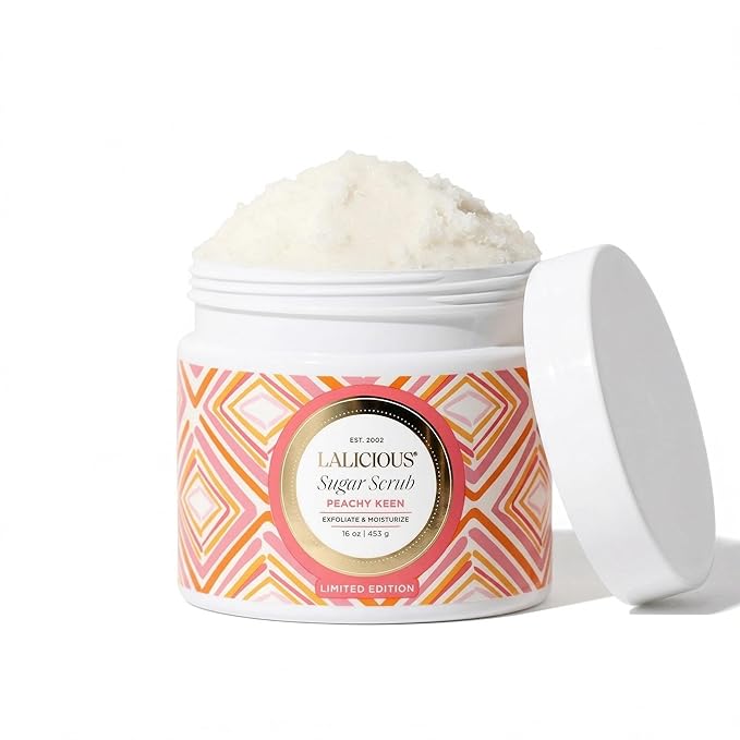 LALICIOUS Peachy Keen Extraordinary Whipped Sugar Scrub - Limited Edition Exfoliating Body Scrub with Creamy Peach & Jasmine Petals for Spring (16oz)