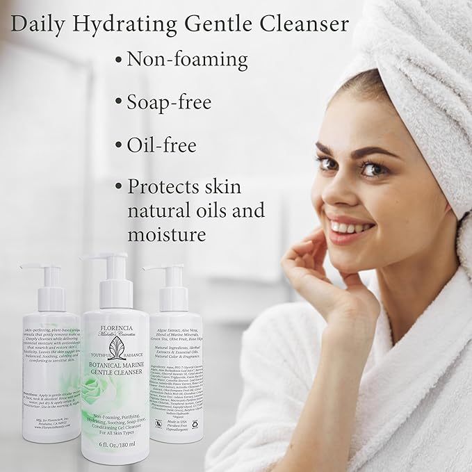 Florencia Botanical Marine Gentle Cleanser – Hydrating Non-Foaming Face Wash with Marine Algae & Aloe Vera, Gentle Purifying Facial Cleanser for Dry, Normal & Sensitive Skin, 6 Fl Oz
