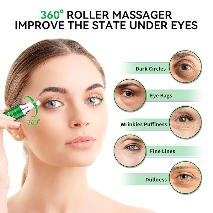 5% Caffeine Eye Cream, Under Eyes Serum for Dark Circles and Puffiness, 360° Massage Roller Ball Eye Bags Treatment Serum, Reduces Wrinkles Fine Lines for Women