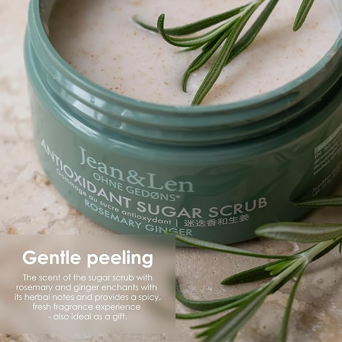 Jean & Len Antioxidant Salt Scrub Rosemary & Ginger, for a fragrant cleansing experience, with rich oils, minimalistic jar, salt scrub without parabens & silicones, 10.58 Fl. Oz.