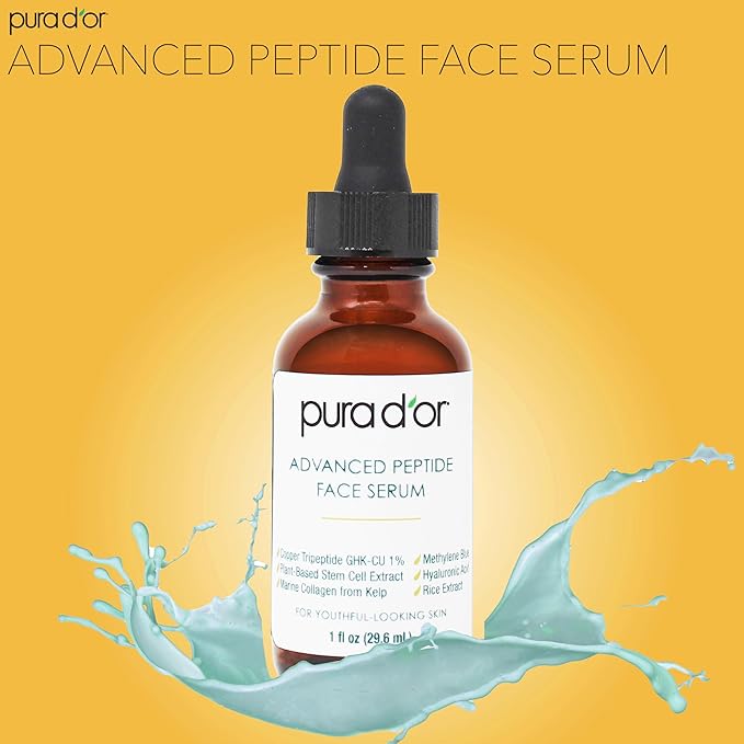PURA D'OR Advanced Peptide Face Serum – Copper Tripeptide, Plant-Based Stem Cell Extract, Marine Collagen from Kelp, Hyaluronic Acid & Methylene Blue – Anti-Aging Serum for Youthful-Looking Skin, 1 Oz