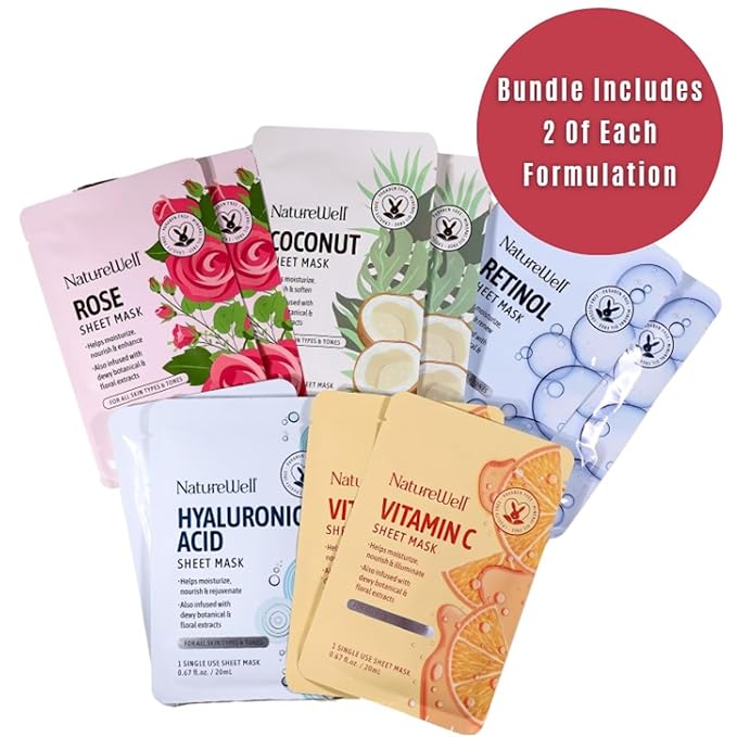 NATURE WELL Single Use Face Mask Sheet Skincare Treatment Multipack For All Skin Types, Includes Hyaluronic Acid, Rose, Retinol, Coconut, & Vitamin C (Pack of 10)