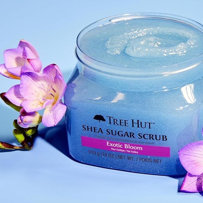 Tree Hut Exotic Bloom Shea Sugar Scrub, Exfoliating, Hydrating & Moisturizing Body Scrub with Shea Butter & Nourishing Essential Oils, Smooth & Soften Skin, 18 oz