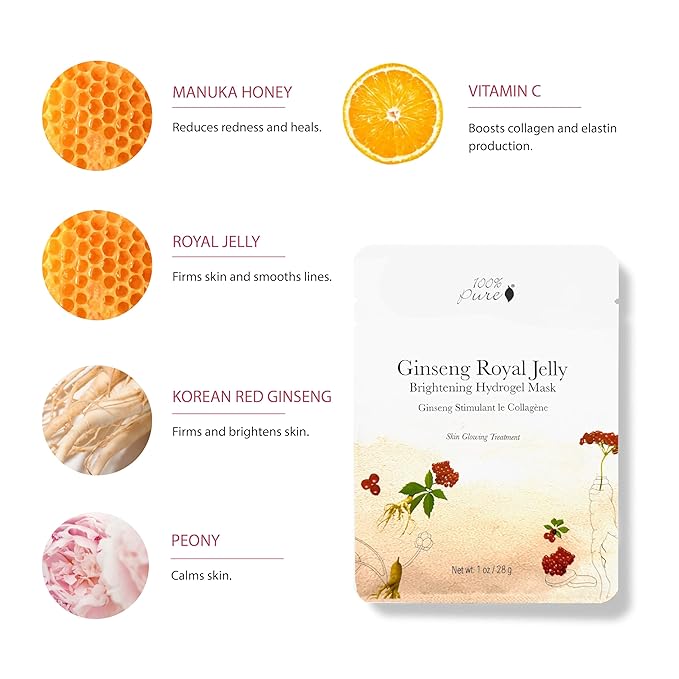 100% PURE Ginseng Royal Jelly Face Mask - Anti-Aging Face Mask for Women & Men with Vitamin C & Hyaluronic Acid - Collagen Skincare for Firm, Smooth Skin, Anti-Wrinkle Self Care - 1 Facemask