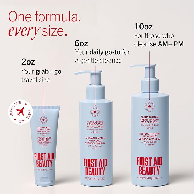 First Aid Beauty Ultra Gentle Cream-to-Foam Pure Facial Cleanser – Makeup Removing Face Cleanser - Face Wash with Colloidal Oatmeal & Glycerin, for Sensitive, Acne & Blemish-Prone Skin, 2 oz