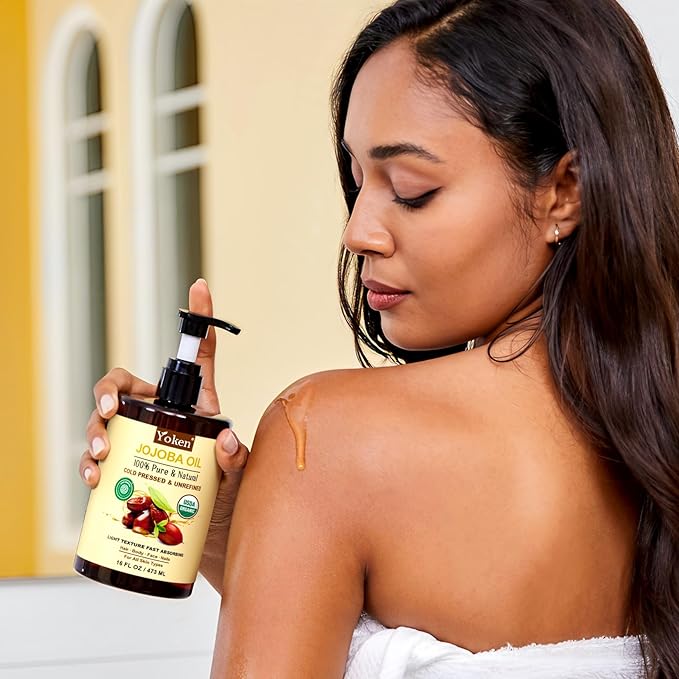 Yoken Pure Jojoba Oil Organic USDA Certified 16 fl oz, 100% Natural Jojoba Oil for Hair, Skin & Face, Cold Pressed Unrefined, Deeply Body Moisturizer Jojoba Carrier Oils for Essential oil Mixing