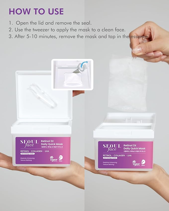 DERMAL Seoul Face Retinol + LHA Daily Quick Sheet Mask, 36 Count Pull-Out Dispenser Box with Tweezers, Pore & Wrinkle Care, Collagen + Peptides, Vegan Tencel