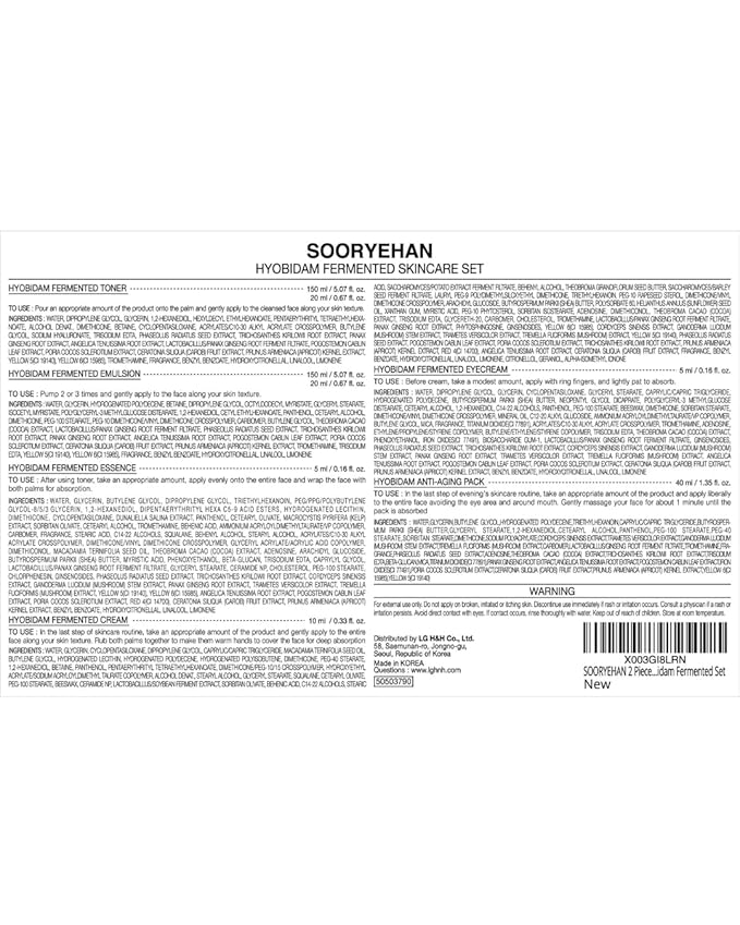 Sooryehan Hyobidam Fermented Skincare Gift Set with Wild Ginseng - Premium Korean Anti-Aging Skin Care Kit for Intense Hydration, 13.53 fl oz (Full Size Toner & Emulsion + Mini Cream, Eye Cream, Mask)