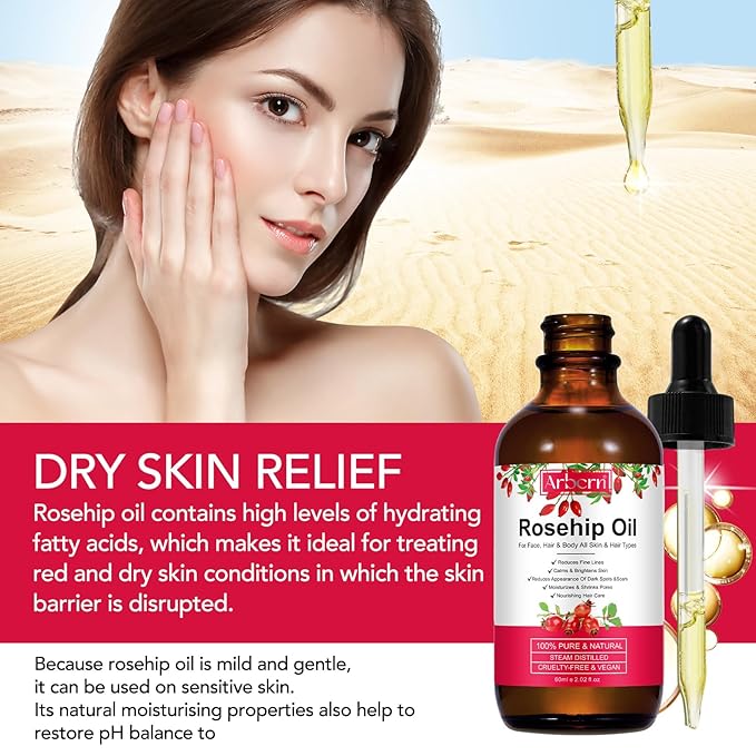 A r b c r n Rosehip Oil for Face,100% Pure Rosehip Seed Oil Cold Pressed Moisturizer for Hair, Skin & Nails 2 fl.oz