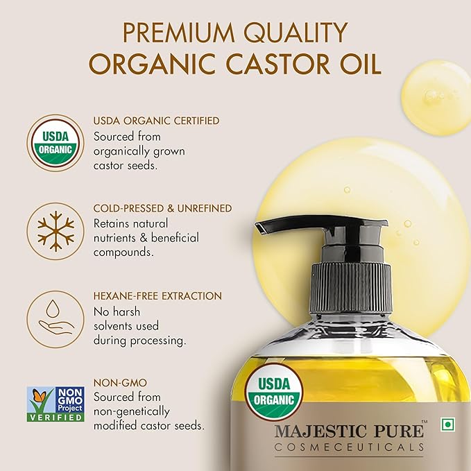 Majestic Pure USDA Organic Castor Oil 8 Fl Oz - 100% Pure and Natural- Cold Pressed & Hexane Free Natural Hair Growth Oil for Eyelashes, Eyebrows, Skin, Body, Face, Nails & Scalp