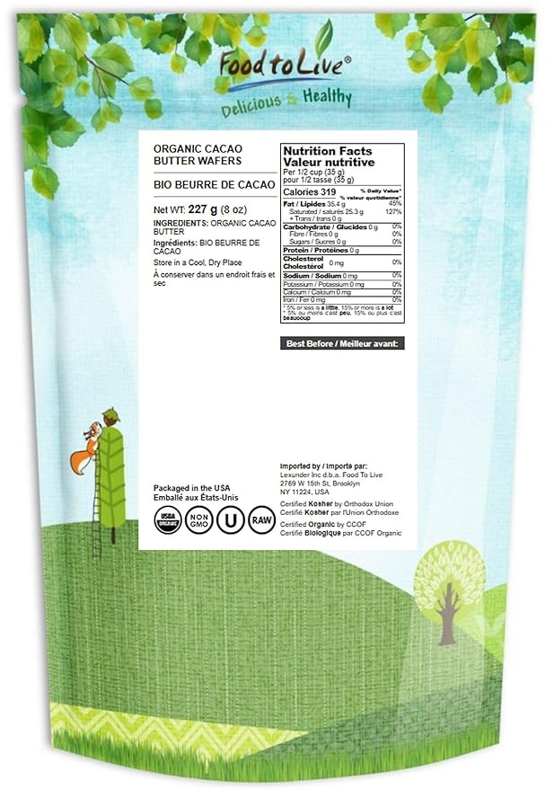Food to Live Organic Cacao Butter Wafers, 8 Ounces - Non-GMO, Vegan, Food-Grade Cocoa Butter, Bulk, Ideal for Cooking, Baking, and Homemade Chocolate