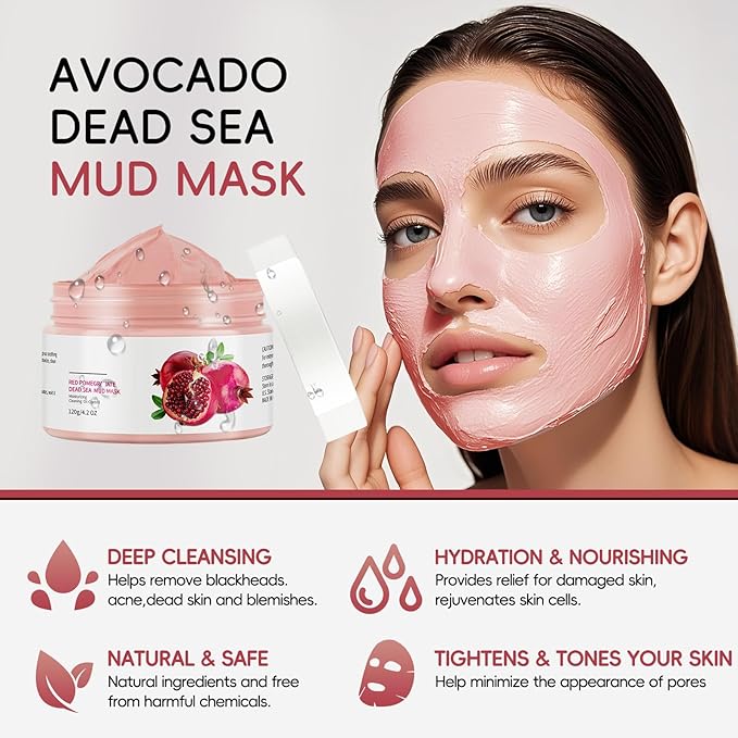 Clay Mud Face Mask for Women,Pomegranate Dead Sea Mud Facial Mask Skincare,Deeping Cleansing,Oil Control,Hydrating Face Cleaning Clay Masks for All Skin Types (4.2OZ)