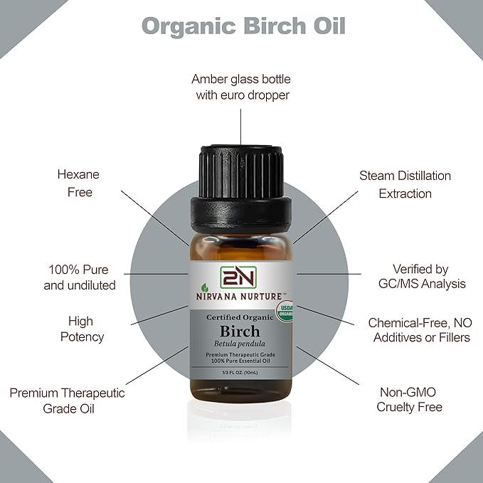 Birch Essential Oil, USDA Certified Organic, 100% Pure Undiluted, Aromatherapy Oil for Diffuser, Hair & Skin Care