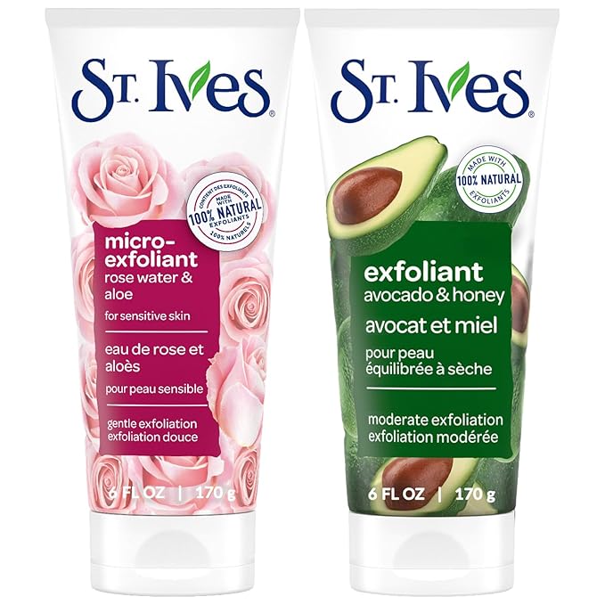 St. Ives Face Scrub, Exfoliant Variety 2-Pack – Avocado & Honey + Rose Water & Aloe Vera Microexfoliant for Balanced, Dry & Sensitive Skin