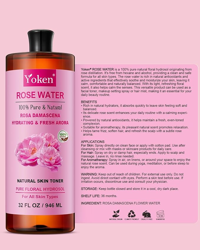 Yoken Pure Rose Water Toner for Face, 32 Fl Oz Bulk, 100% Rosa Damascena Rose Hydrosol, Refreshing Rosewater for Hair, Skin, Aromatherapy, Hydrates & Soothes, Alcohol Free, Chemical Free