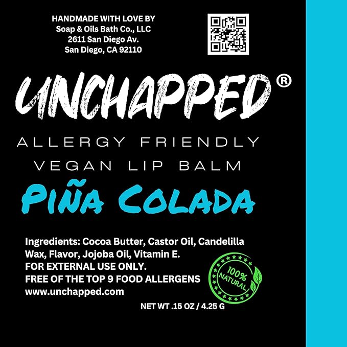 Vegan Lip Balm - All Natural and Free of Beeswax, Soy, Nut, and Top 9 Food Allergens (Pina Colada)