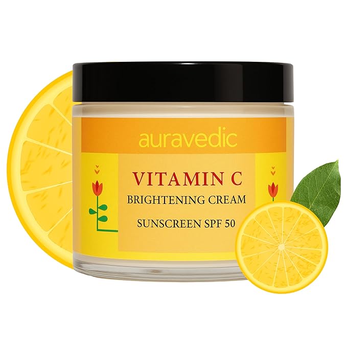 Auravedic Vitamin C Face Cream with SPF 50 for Glowing Skin | Reduces Sun Damage & Revives Dull Skin | Organic Hydration | Argan & Avocado Oil Infused Sunscreen Moisturizer | 3.53 Oz (100g)