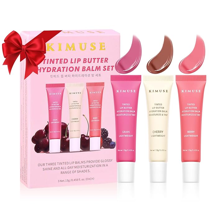 KIMUSE 3 Pack Tinted Lip Butter Hydration Balm, Hydrating Lip Treatment with Hyaluronic Acid & Vitamin E, Tinted Lip Balm for Instant Moisture, Shine & Hydration, Supple Lips, Vegan & Cruelty-Free