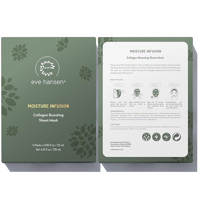 Eve Hansen Collagen Sheet Mask (5 Pack) – Hydrating Face Masks Skincare with Hyaluronic Acid – Plumping Firming Facial Sheet Mask for Mature & Dry Skin – Vegan
