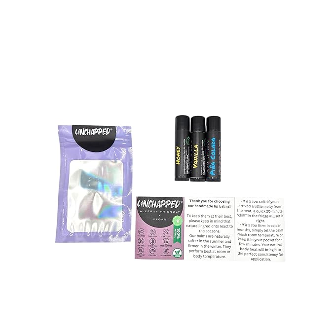 Vegan Lip Balm 3 Pack - All Natural and Free of Beeswax, Soy, Nut, and Top 9 Food Allergens (Vanilla, Honey, Pina Colada)