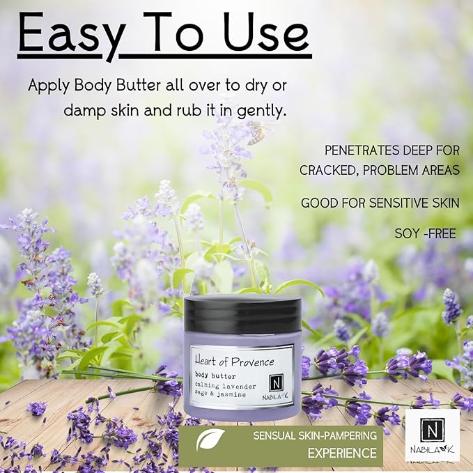 Nabila K Body Butter - Daily Moisturizer for Body Care - Skin Hydrating Deep Moisturizing - Natural Ingredients - Heart of Provence - 2 oz